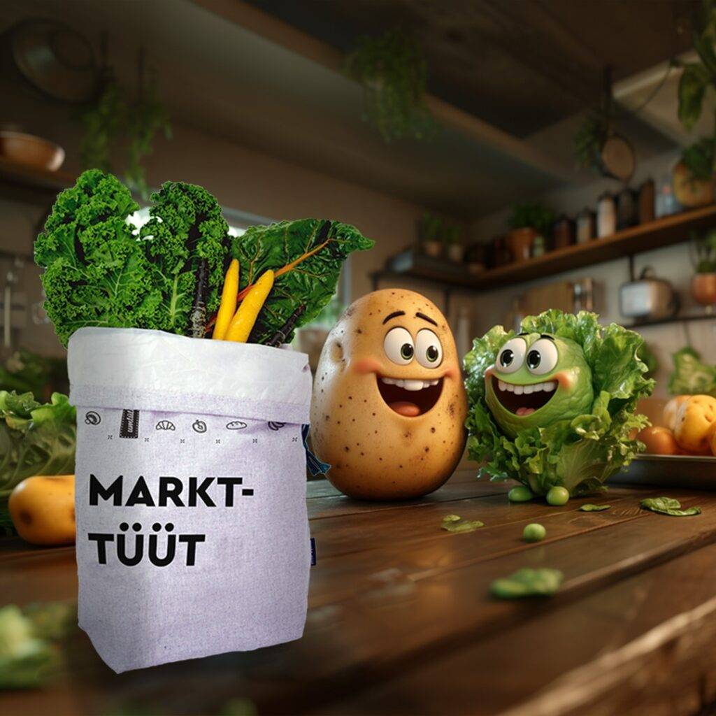 Die umtüten Markt Tüüt ist aus Bio-Baumwolle mit Frische-Inlay hergestellt.